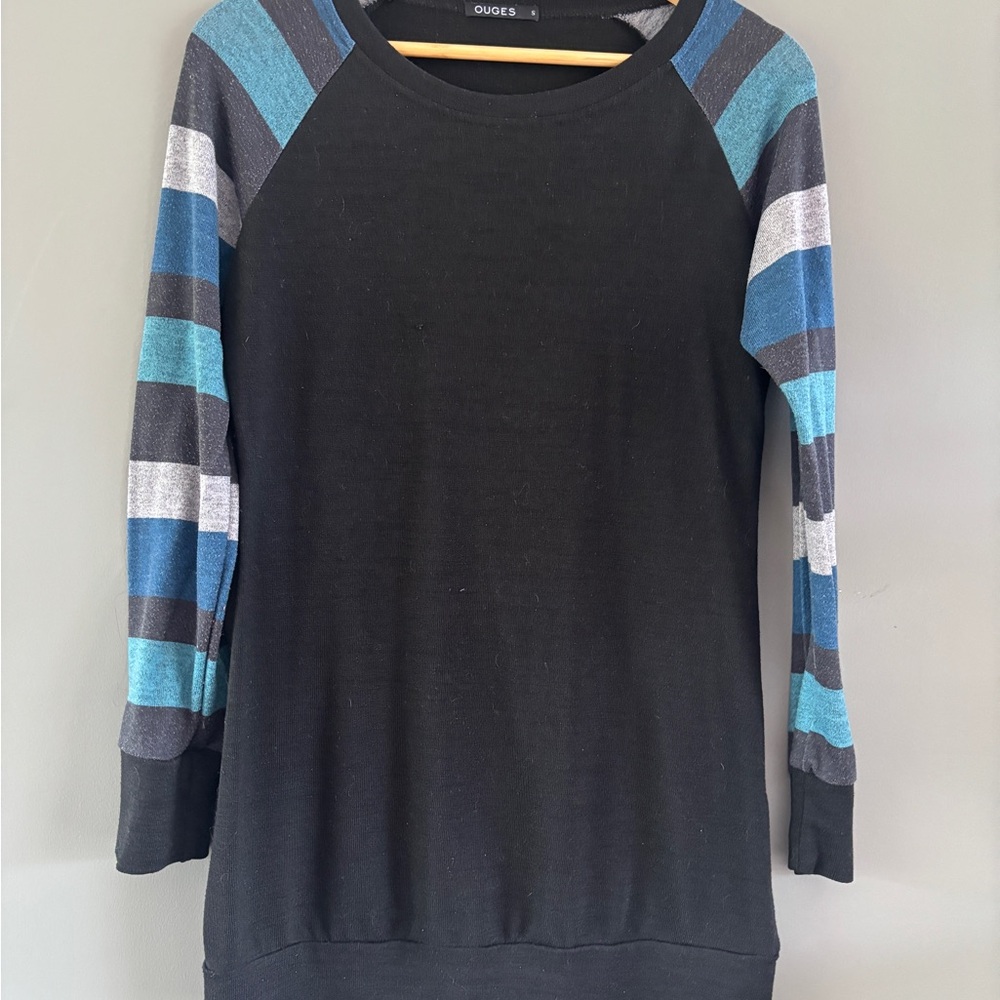 OUGES Women’s Color Block Striped Sweater Tunic Black Blue Gray Size S Small